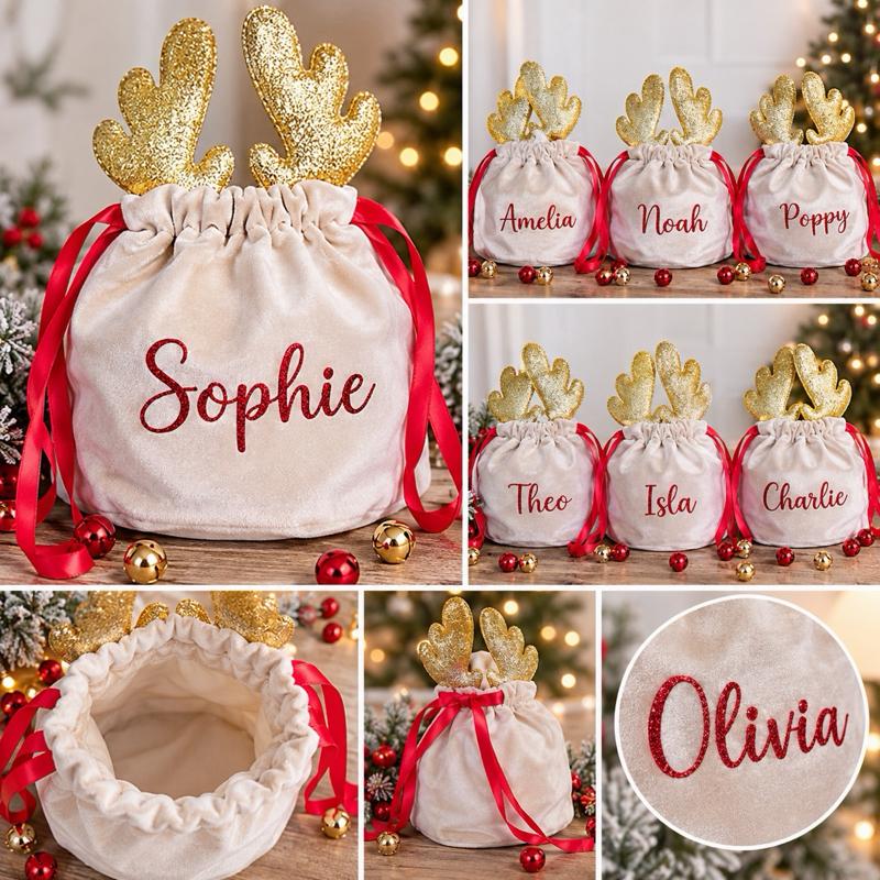 Personalised Reindeer Treat Pouch with Festive Antlers & Red Ribbon Detailing for Christmas Presents & Treats - Me And You You And Me Co 