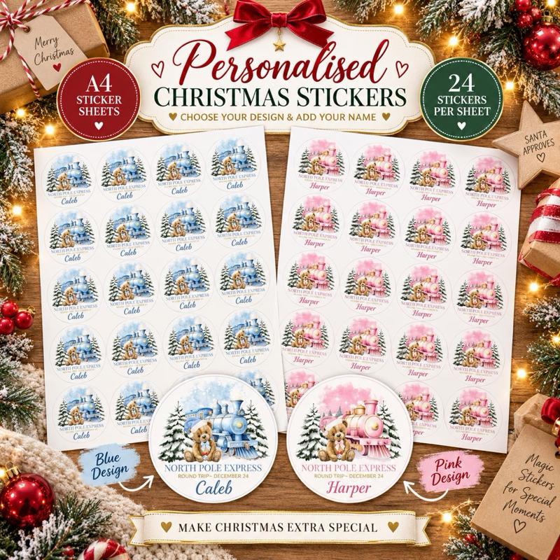 Personalised Christmas Bear Stickers - choose from pink or blue designs - Me And You You And Me Co 