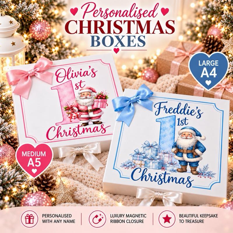 Personalised First Christmas Santa Stockings - choose pink blue or red design - Me And You You And Me Co 