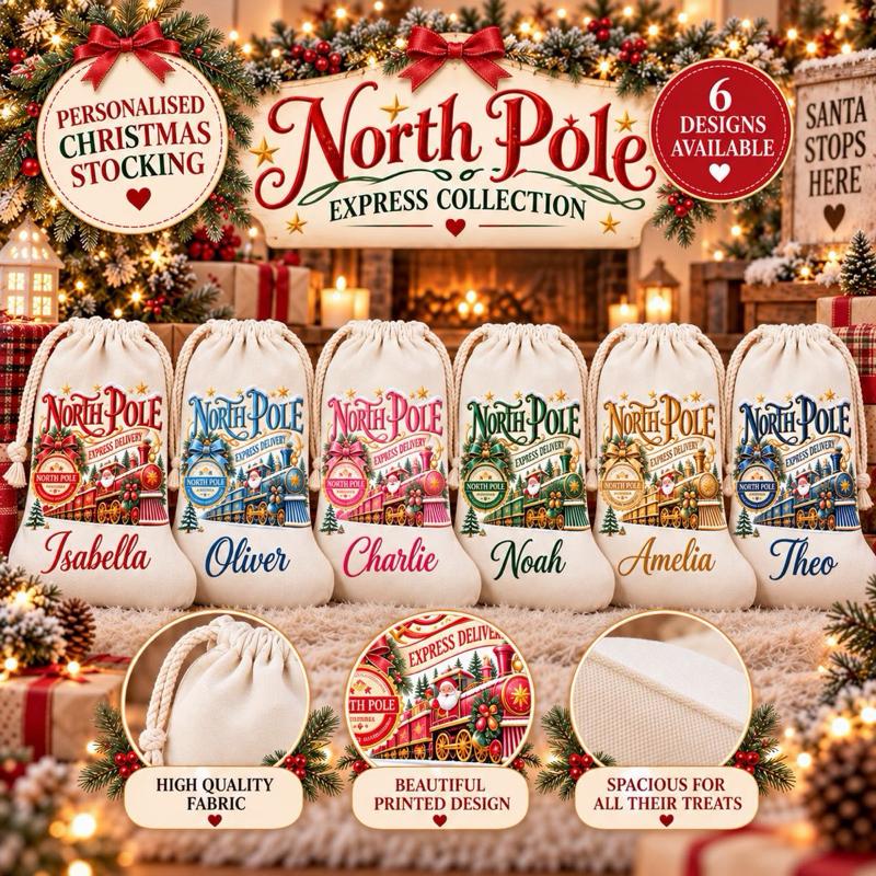 Personalised Christmas North Pole Snow Stockings with - choose pink blue green gold or red design - Me And You You And Me Co 