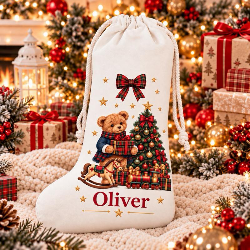Personalised Vintage Teddy Bear Christmas Stockings with Santa and Train - choose boy or girl design - Me And You You And Me Co 