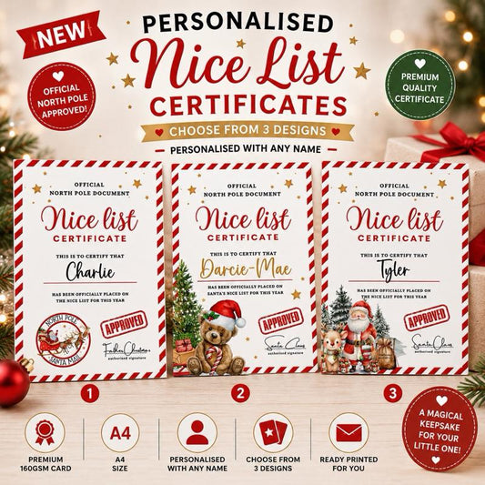 Personalised Nice List Certificates - Santa Design, Official North Pole Approved, Christmas Eve Letter, 3 Cute Designs - Me And You You And Me Co 