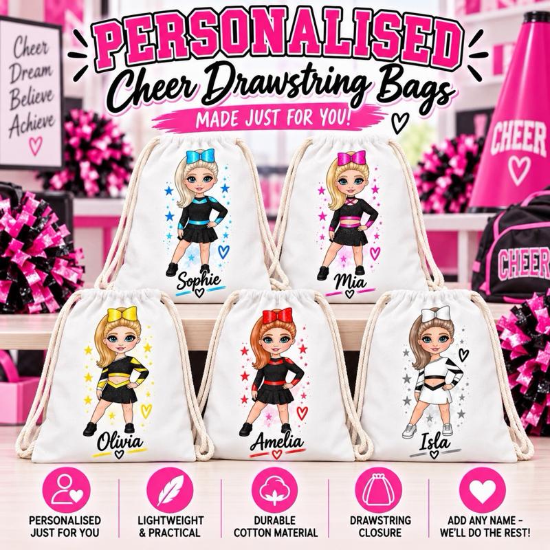 Personalised Cheer Drawstring Bag - Choose leotard colour, skin tone, hair and eye colour - Me And You You And Me Co 