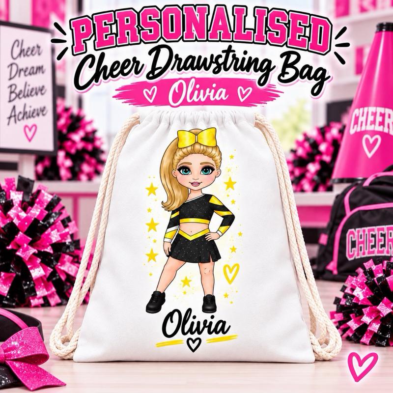 Personalised Cheer Drawstring Bag - Choose leotard colour, skin tone, hair and eye colour - Me And You You And Me Co 