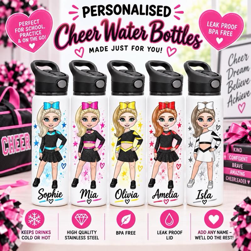 Personalised Cheer Water Bottle - Aluminium, 650ml Capacity - Choose leotard colour, Hair, Eye and Skin Details - Drinkware - Me And You You And Me Co 