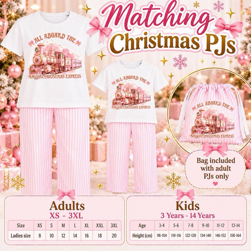 Matching Christmas PJs All Aboard The Magical Christmas Express Adults XS-3XL Kids 3-14 Years Pink Striped Set with Bag - Me And You You And Me Co 