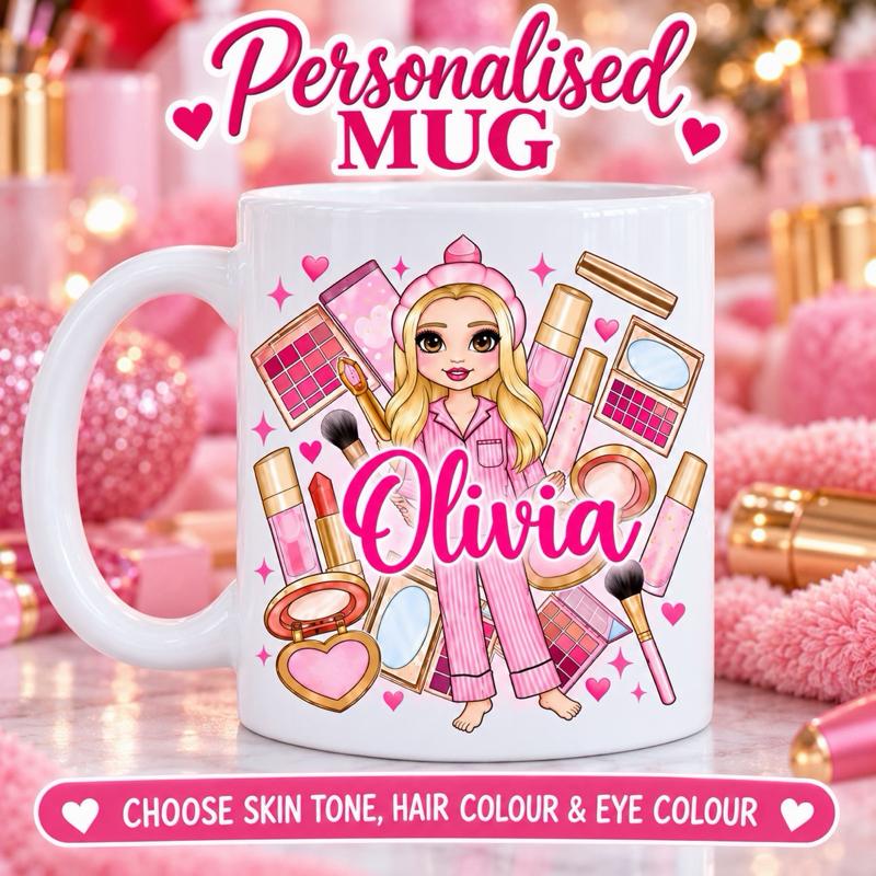 Personalised Pink Make Up Girl Mug - Choose skin tone, hair and eye colour - Me And You You And Me Co 