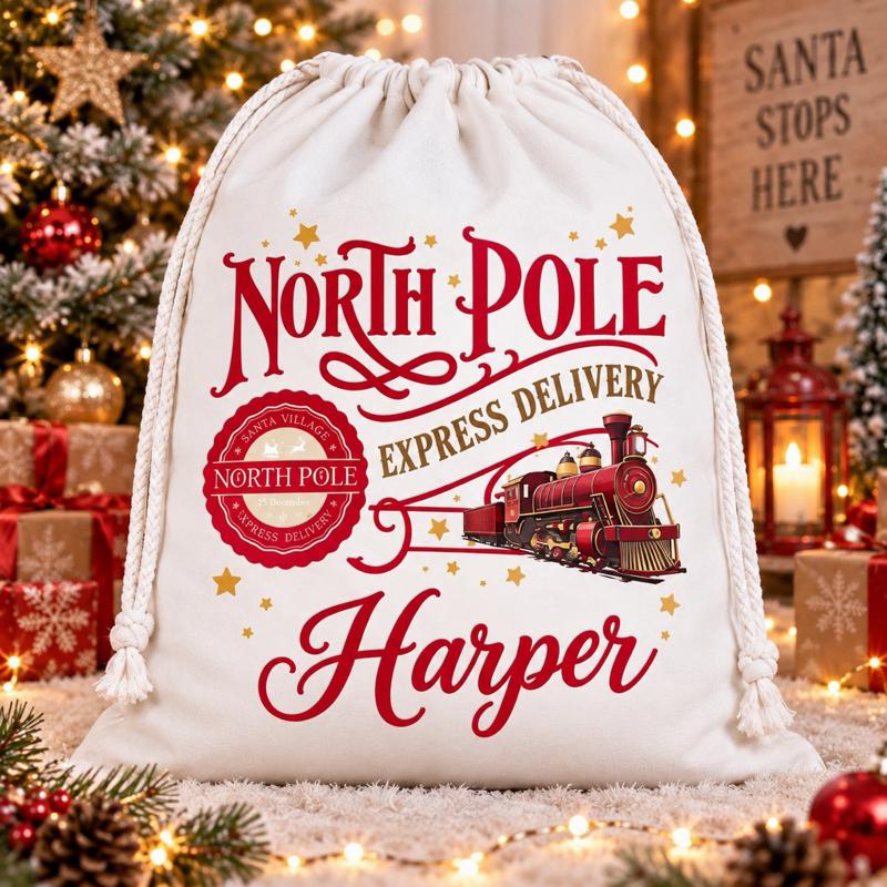 Personalised Christmas Large North Pole Sacks 49 x 67cm Choose from 5 Designs blue red green gold or pink - Me And You You And Me Co 