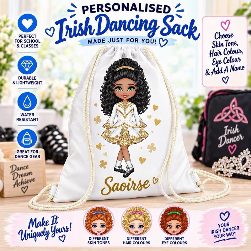 Personalised Irish Dancing Drawstring Bag - Choose dress colour, skin tone, hair and eye colour - Me And You You And Me Co 