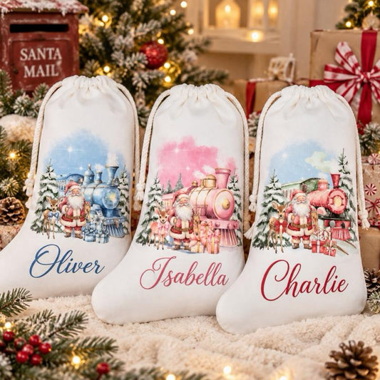 Personalised Train Christmas Stockings Santa and Train - choose pink blue or red design