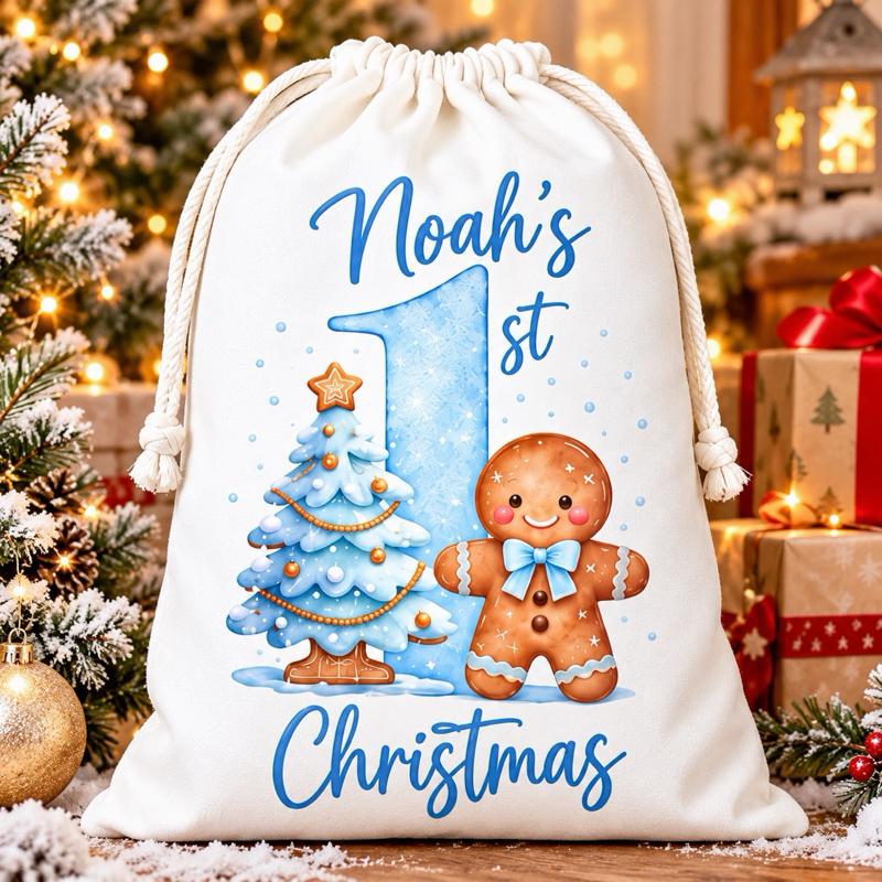 Personalised 1st Christmas Large Sacks 49 x 67cm Choose from 4 Designs Santa Train Gingerbread Festive Gift Decor - Me And You You And Me Co 