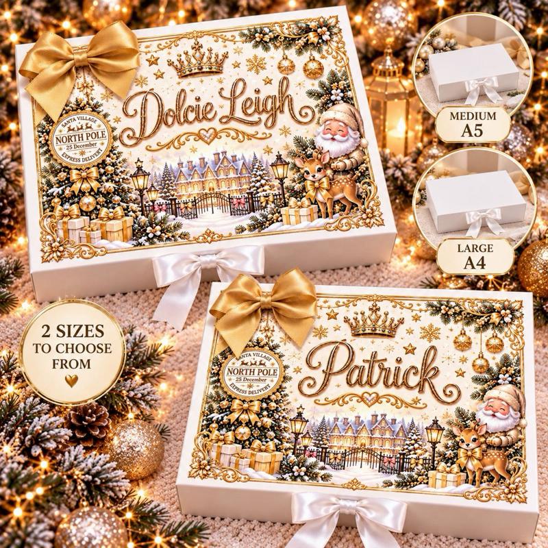 Personalised Luxury Christmas Gift Box – Gold North Pole Design – Custom Name – Christmas Eve Box – Medium A5 or Large A4 - Me And You You And Me Co 
