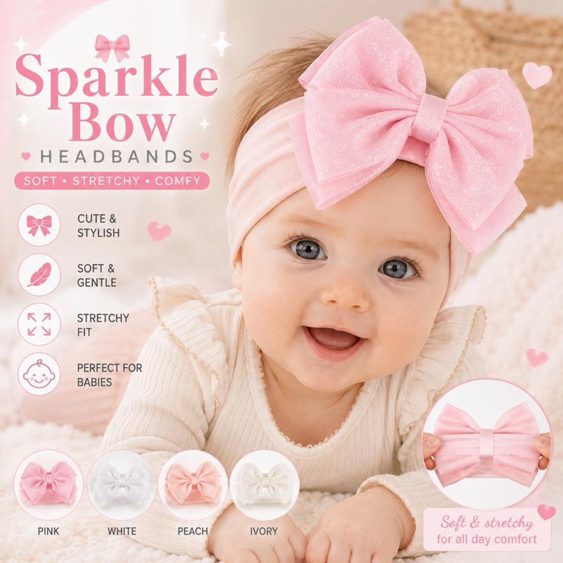 Sparkle Bow Headbands for Babies - Soft Stretchy Comfy in Pink White Peach & Ivory - Cute Stylish & Gentle Fit - Me And You You And Me Co 