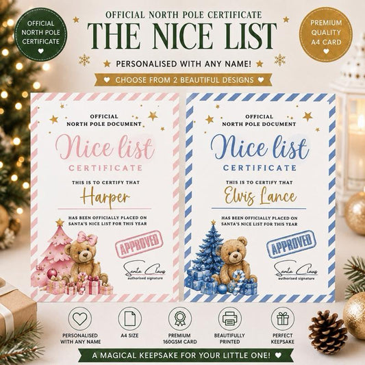 Personalised Nice List Certificates - Bear Design, Official North Pole Approved, choose from 2 designs - Me And You You And Me Co 