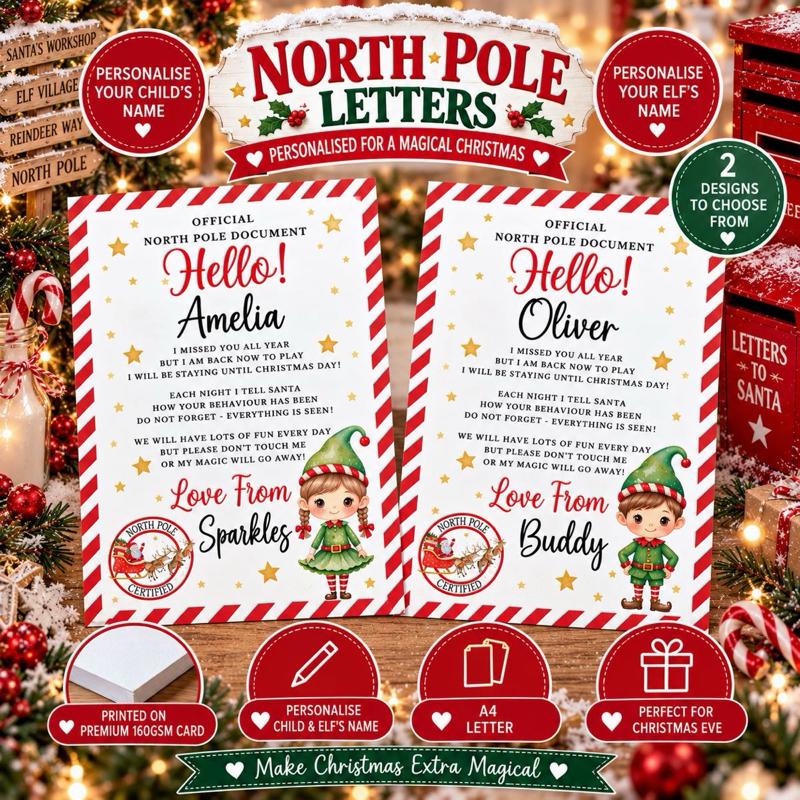 Personalised Christmas Elf on the shelf letter - choose girl elf or boy elf design - personalised child name and elf name