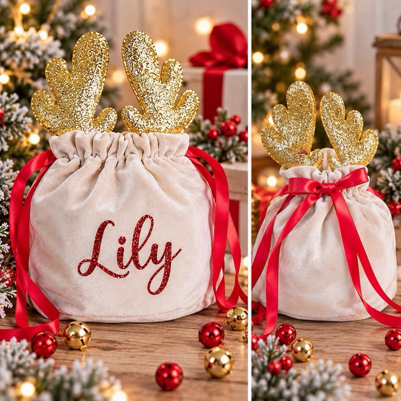 Personalised Reindeer Treat Pouch with Festive Antlers & Red Ribbon Detailing for Christmas Presents & Treats - Me And You You And Me Co 