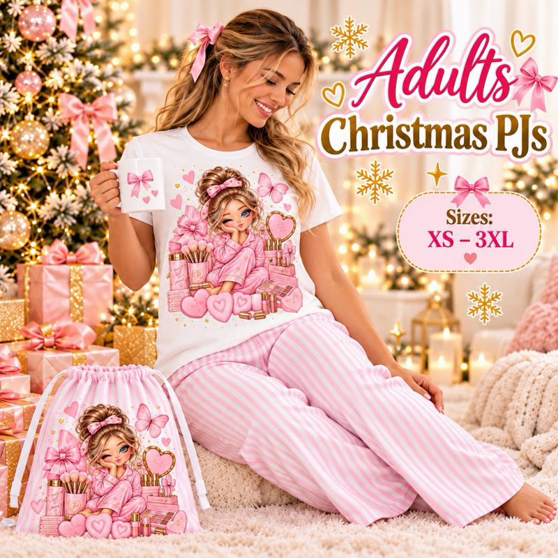 Matching Christmas PJs Make Up Adults XS-3XL Kids 3-14 Years Pink Striped Set with Bag - Me And You You And Me Co 