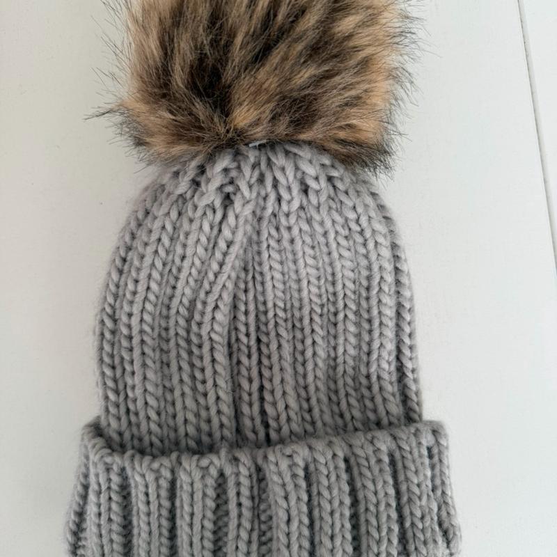 Cozy Knit Beanie for Kids with Fluffy Pom Pom and Velvet Bow in Grey Pink and Red Stretchy Fit for Newborns to 12 Months