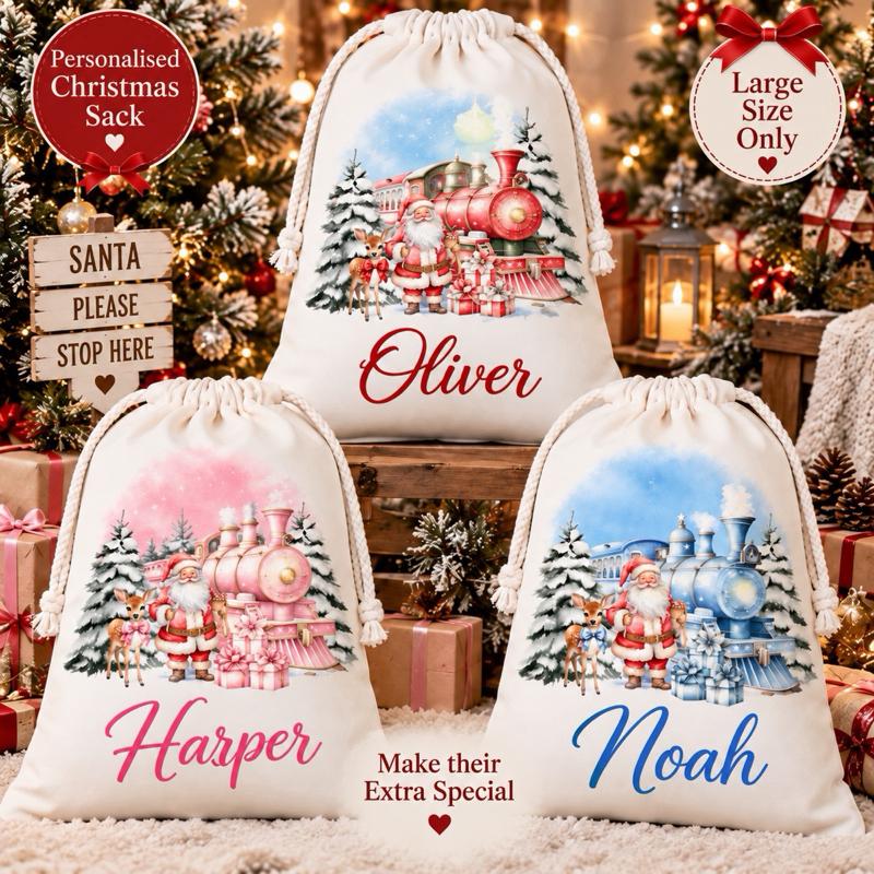Personalised Christmas Large Santa Train Sacks 49 x 67cm Choose from 3 Designs blue red or pink - Me And You You And Me Co 