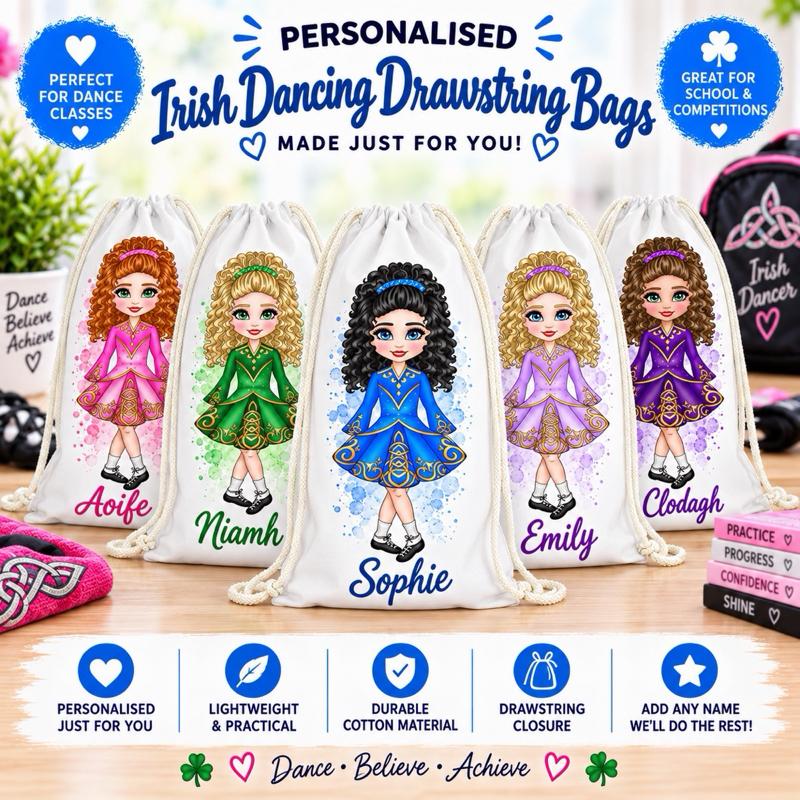 Personalised Irish Dancing Drawstring Bag - Choose dress colour, skin tone, hair and eye colour - Me And You You And Me Co 