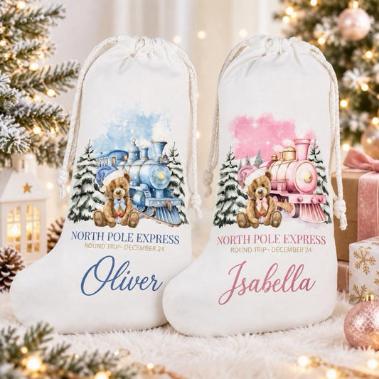 Personalised Christmas Stockings with Santa and Train - choose pink blue or red design