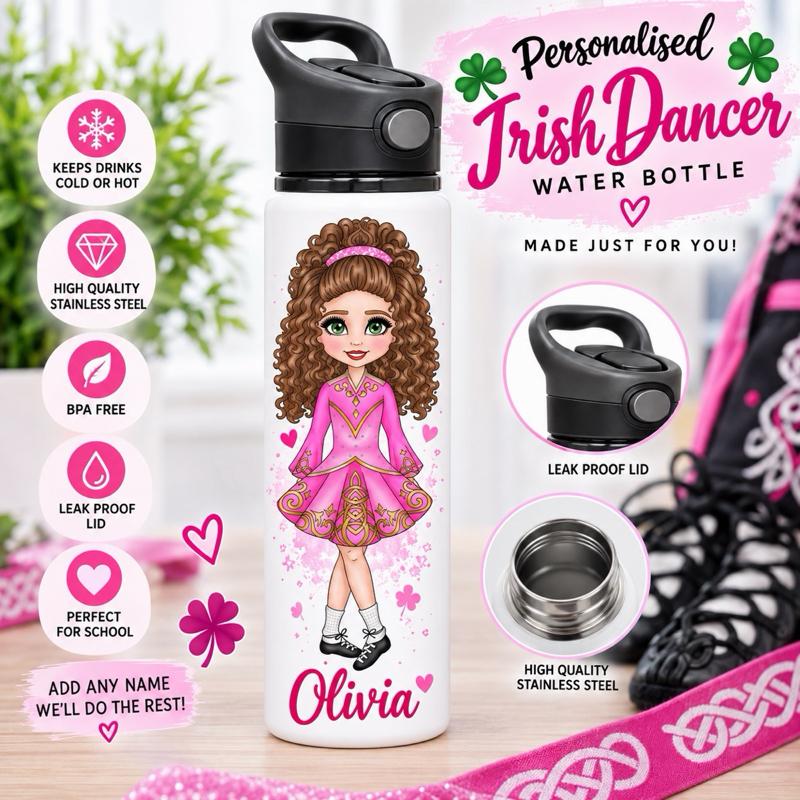 Personalised Irish Dancing Water Bottle - Aluminium, 650ml Capacity - Choose football kit colour, Hair, Eye and Skin Details - Drinkware