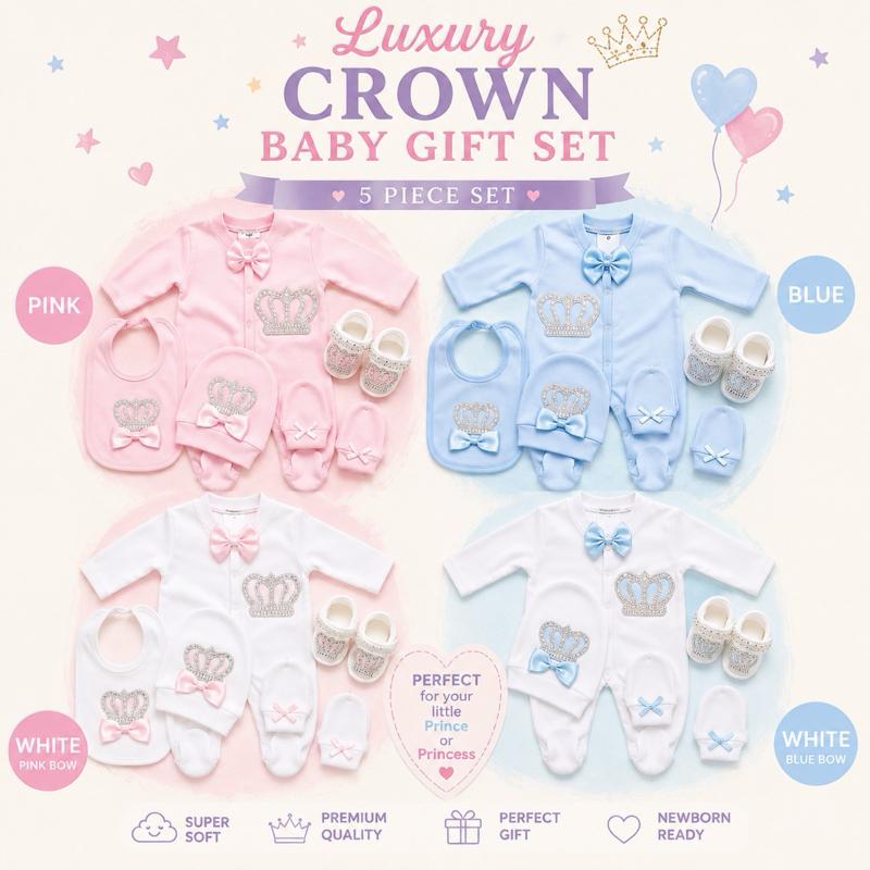 New Born Babies 5 Piece Crown Sets 0-3 Months for Baby Girl and Boy Beautiful Gift Set with Pink and Blue Outfits for Special Occasion - option to personalise - Me And You You And Me Co 
