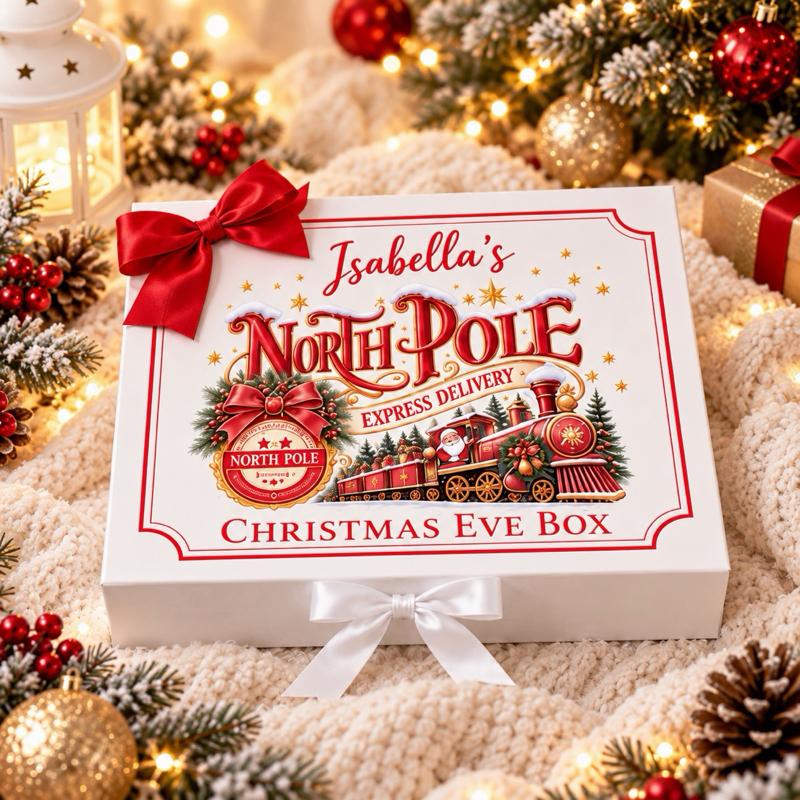 Personalised Christmas North Pole Snow Luxury Magnetic Ribbon Gift box - medium and large sizes - 4 designs to choose from - Me And You You And Me Co 