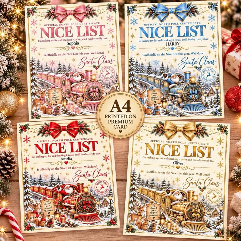 Personalised Christmas Santa Nice List Certificates - Train Design, Official North Pole Approved, choose 4 train designs - Me And You You And Me Co 
