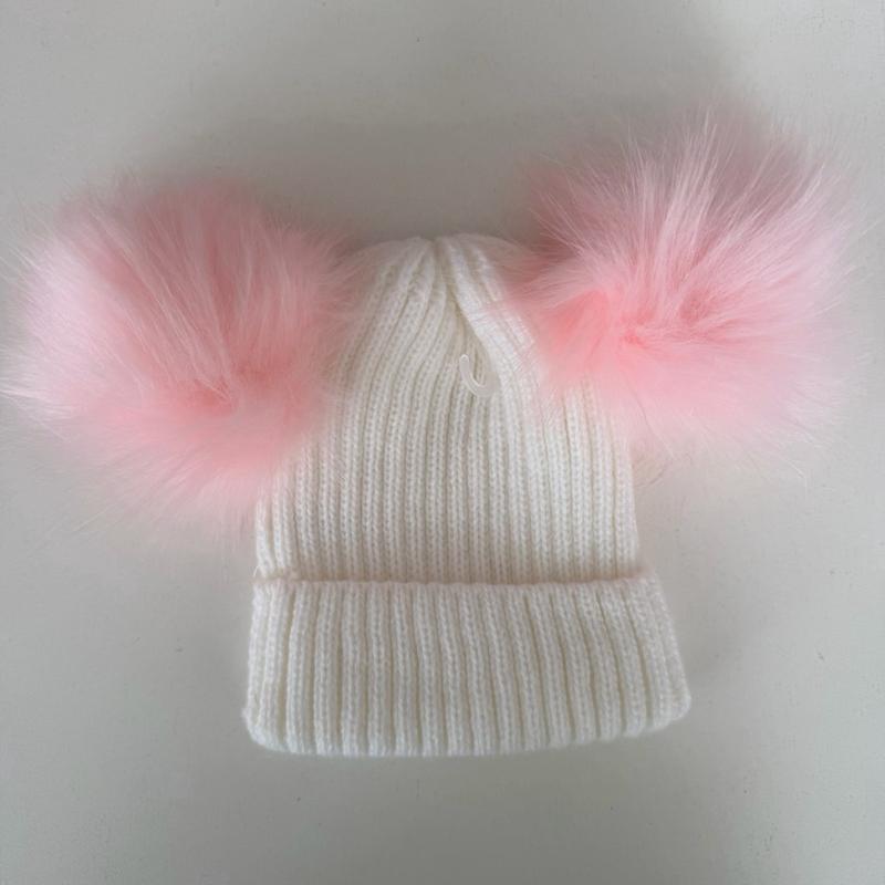 Cozy Knit Beanie for Kids Grey Pink & Red with Velvet Bow and Pom Poms Soft Cozy Fluffy Pom Poms Stretchy Fit for Newborn to 12 Months