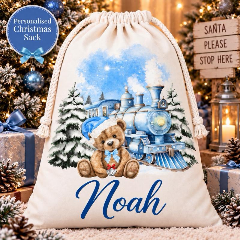 Personalised Christmas Large Bear Sacks 49 x 67cm Choose from 3 Designs blue red or pink - Me And You You And Me Co 