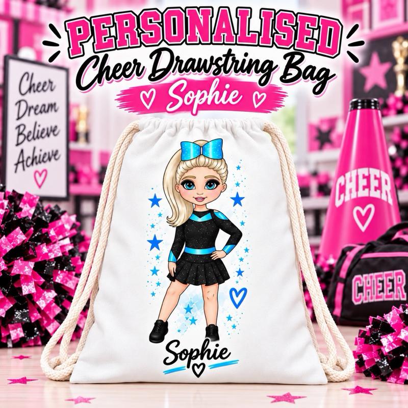 Personalised Cheer Drawstring Bag - Choose leotard colour, skin tone, hair and eye colour - Me And You You And Me Co 