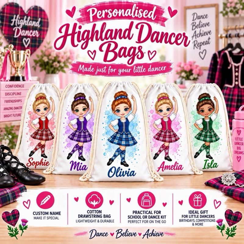 Personalised Highland Dancing Drawstring Bag - Choose dress colour, skin tone, hair and eye colour - Me And You You And Me Co 