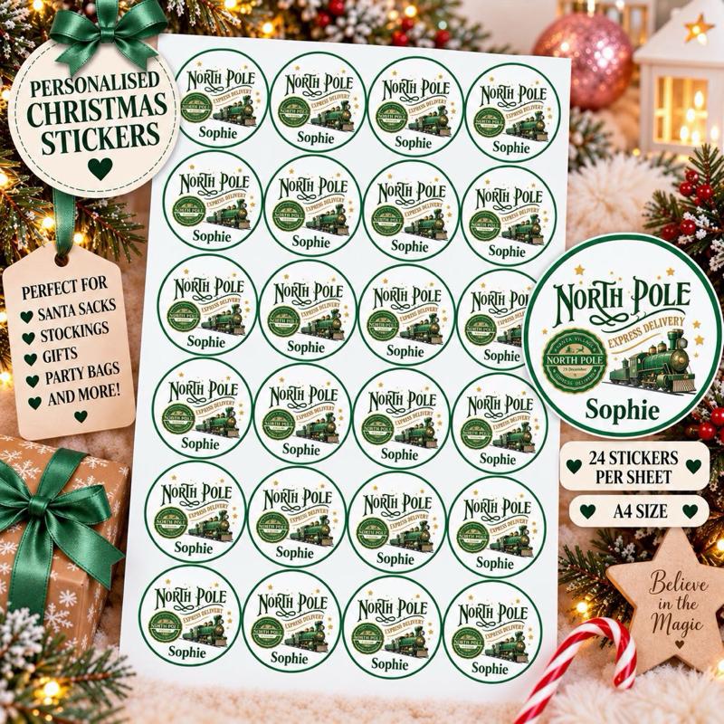 Personalised Christmas North Pole Express Stickers - choose from pink blue gold red and green designs - Me And You You And Me Co 