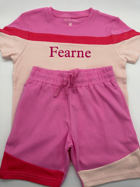 Pink Colour Block T-Shirt & Shorts Set